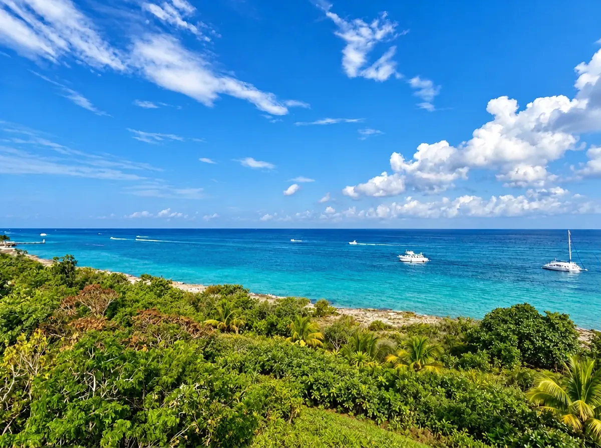 Aerial view of Cozumel's turquoise Caribbean coast with sailboats